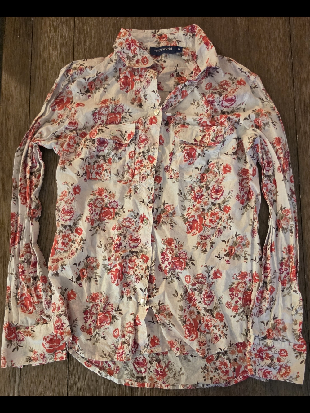 Cotton World Juniors Floral Button-Up Shirt in Cream and Pink
